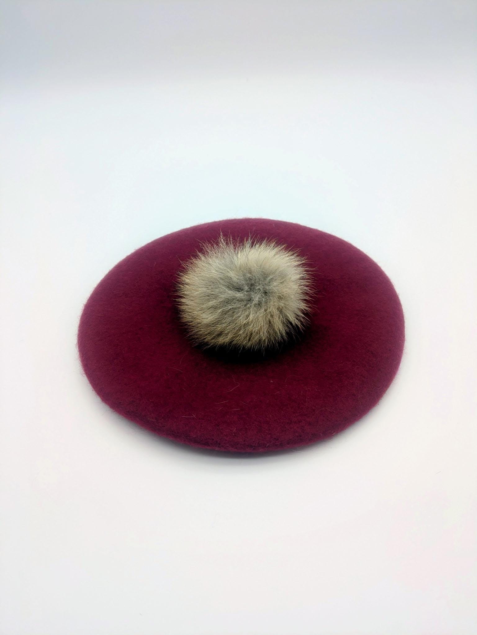 Wool Beret with Fur Pompom