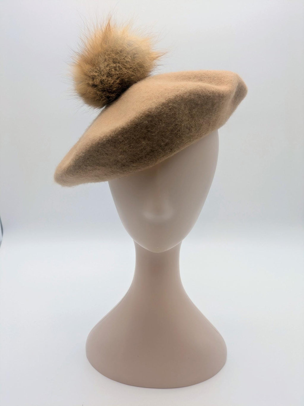 Wool Beret with Fur Pompom