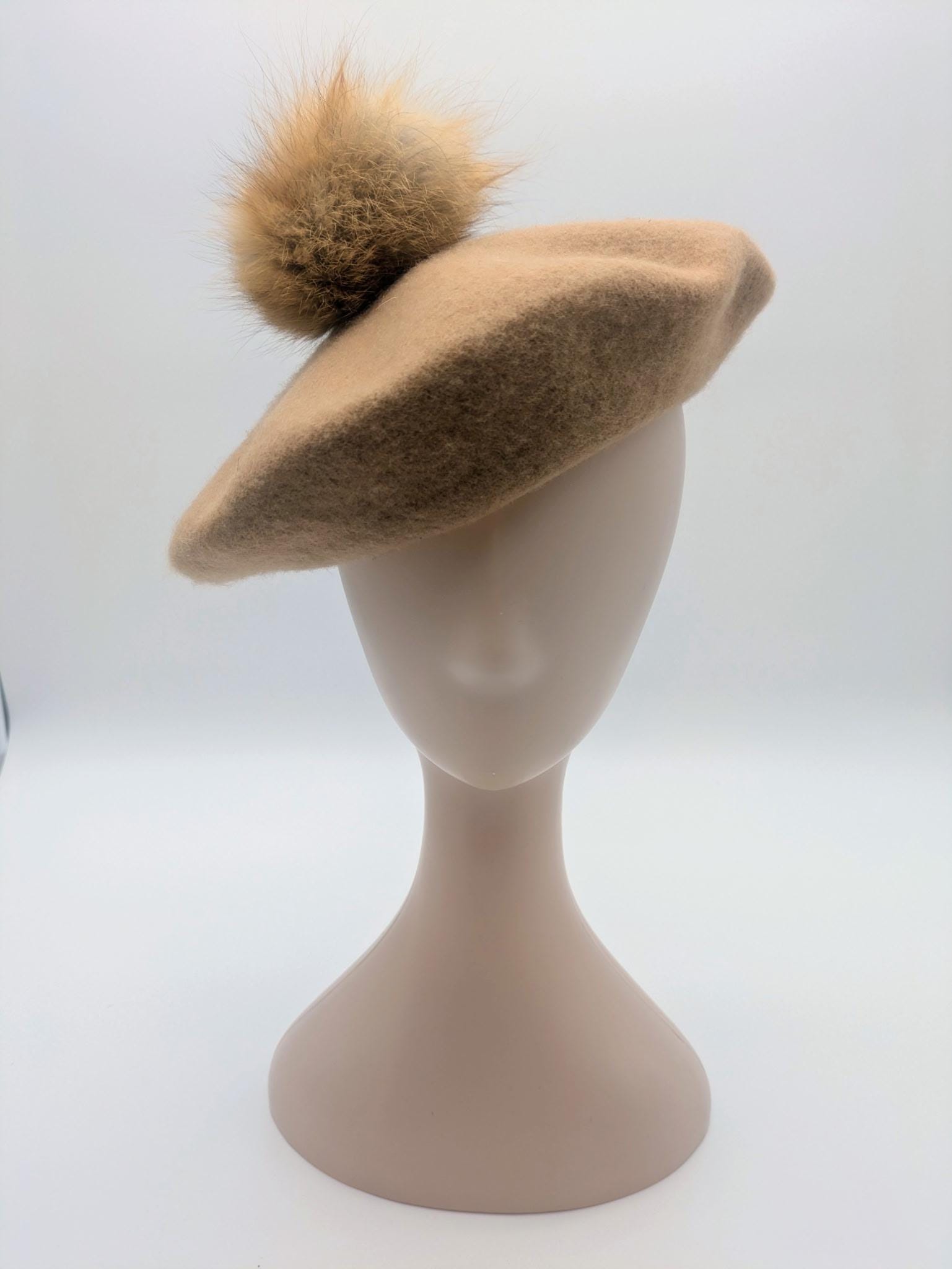 Wool Beret with Fur Pompom