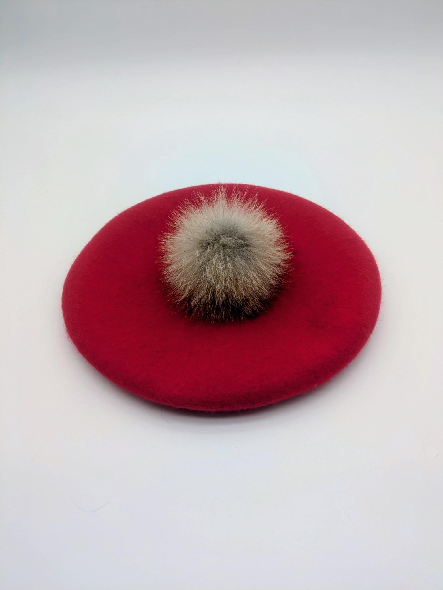 Wool Beret with Fur Pompom