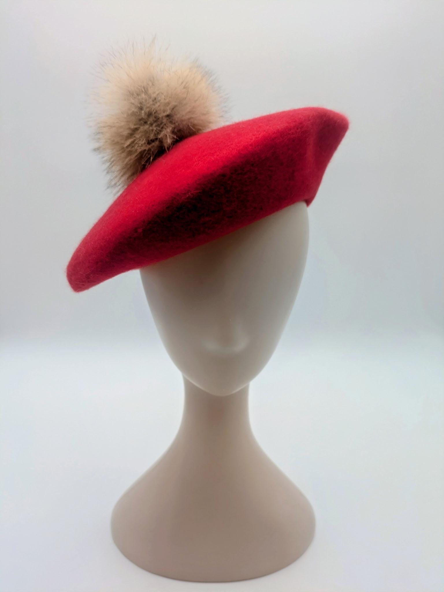 Wool Beret with Fur Pompom