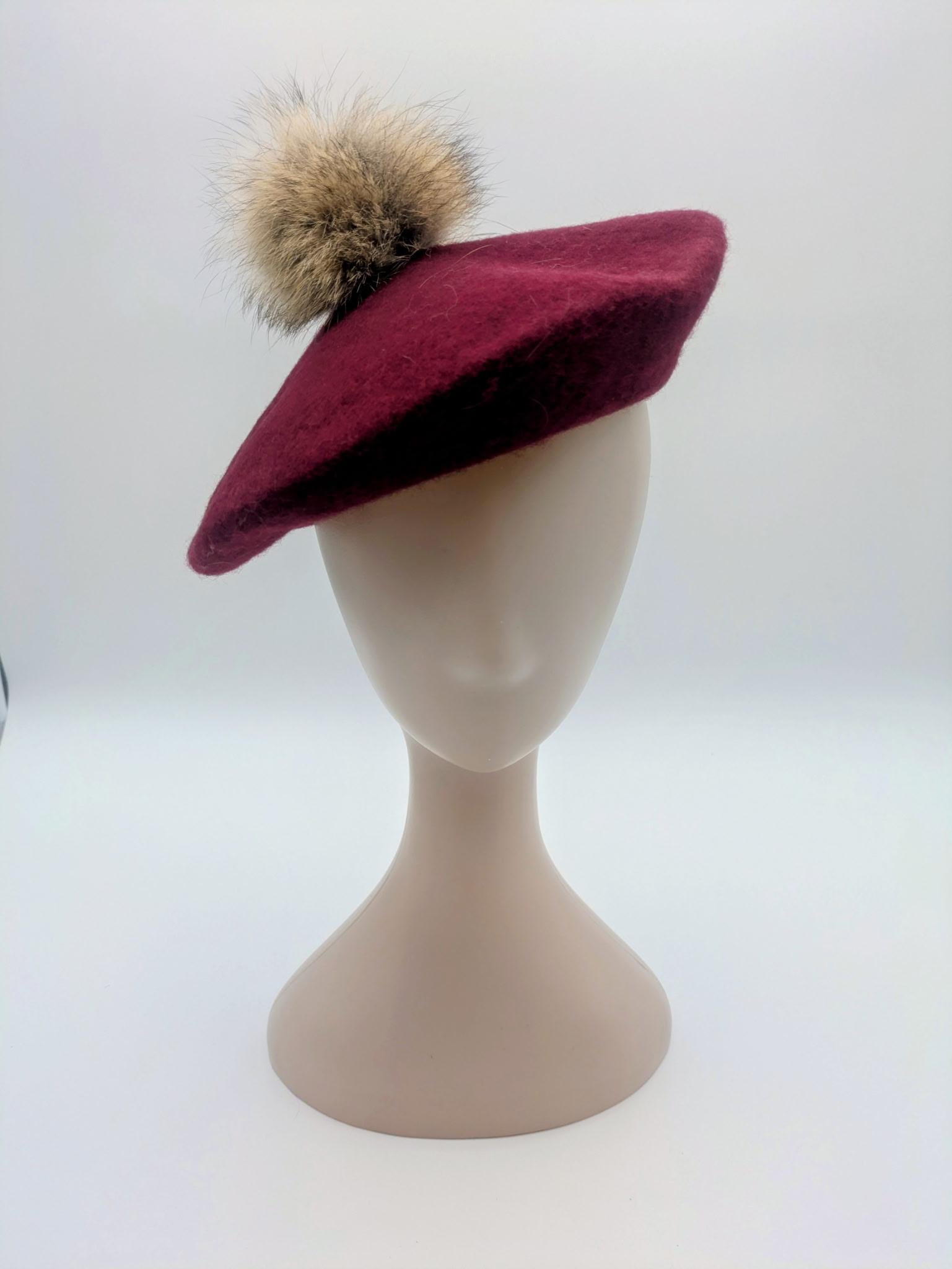 Wool Beret with Fur Pompom