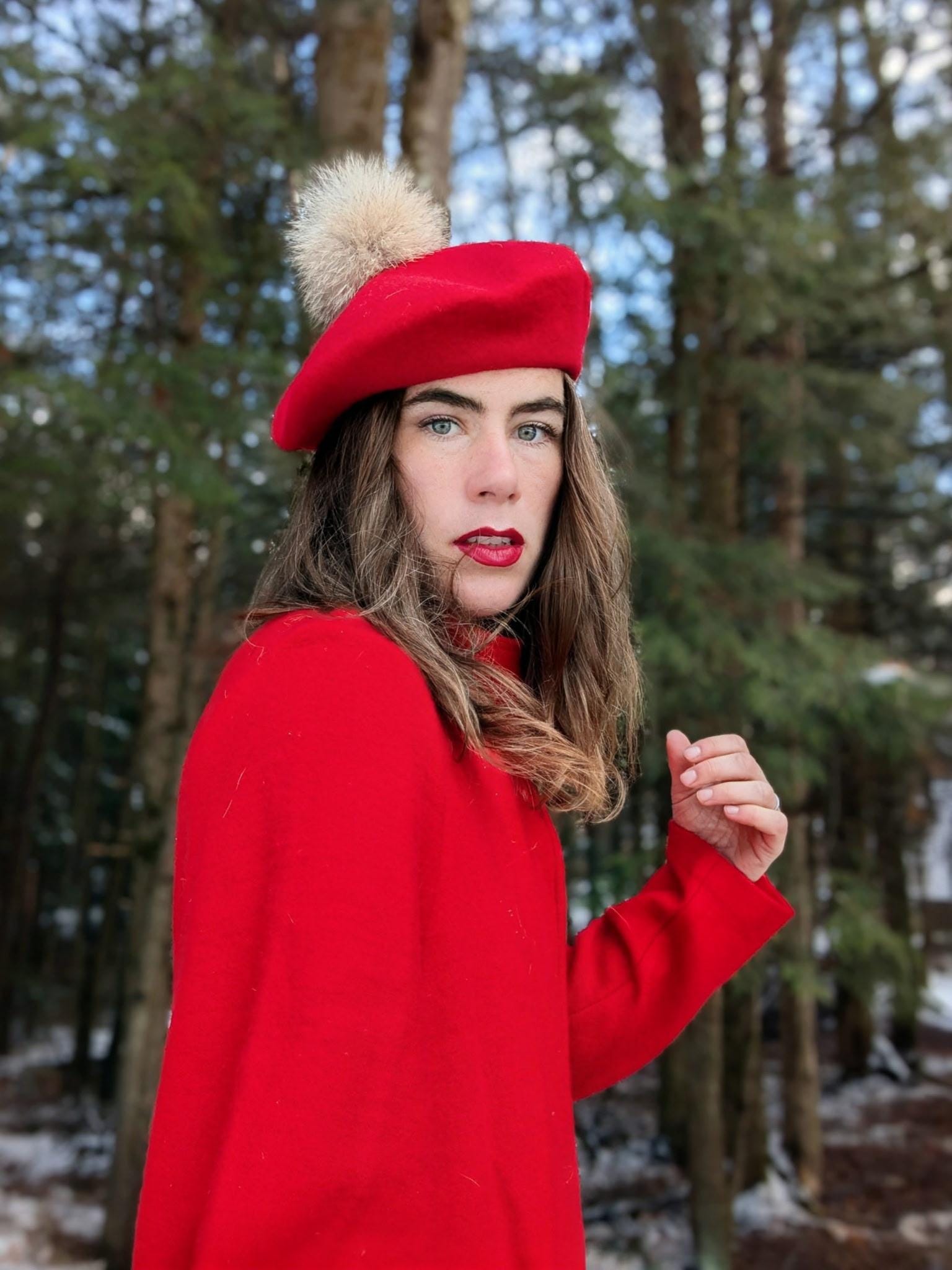 Wool Beret with Fur Pompom