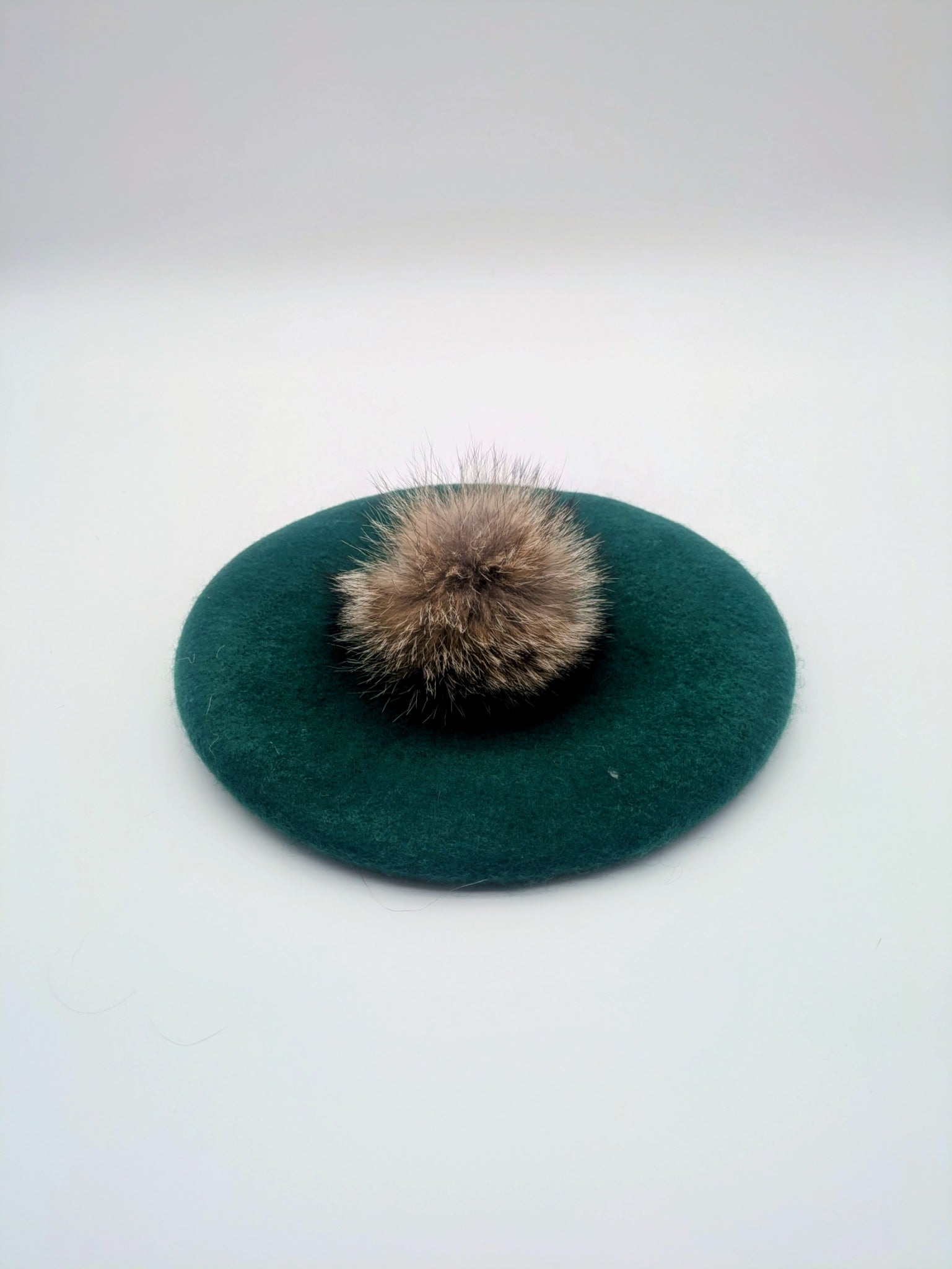 Wool Beret with Fur Pompom