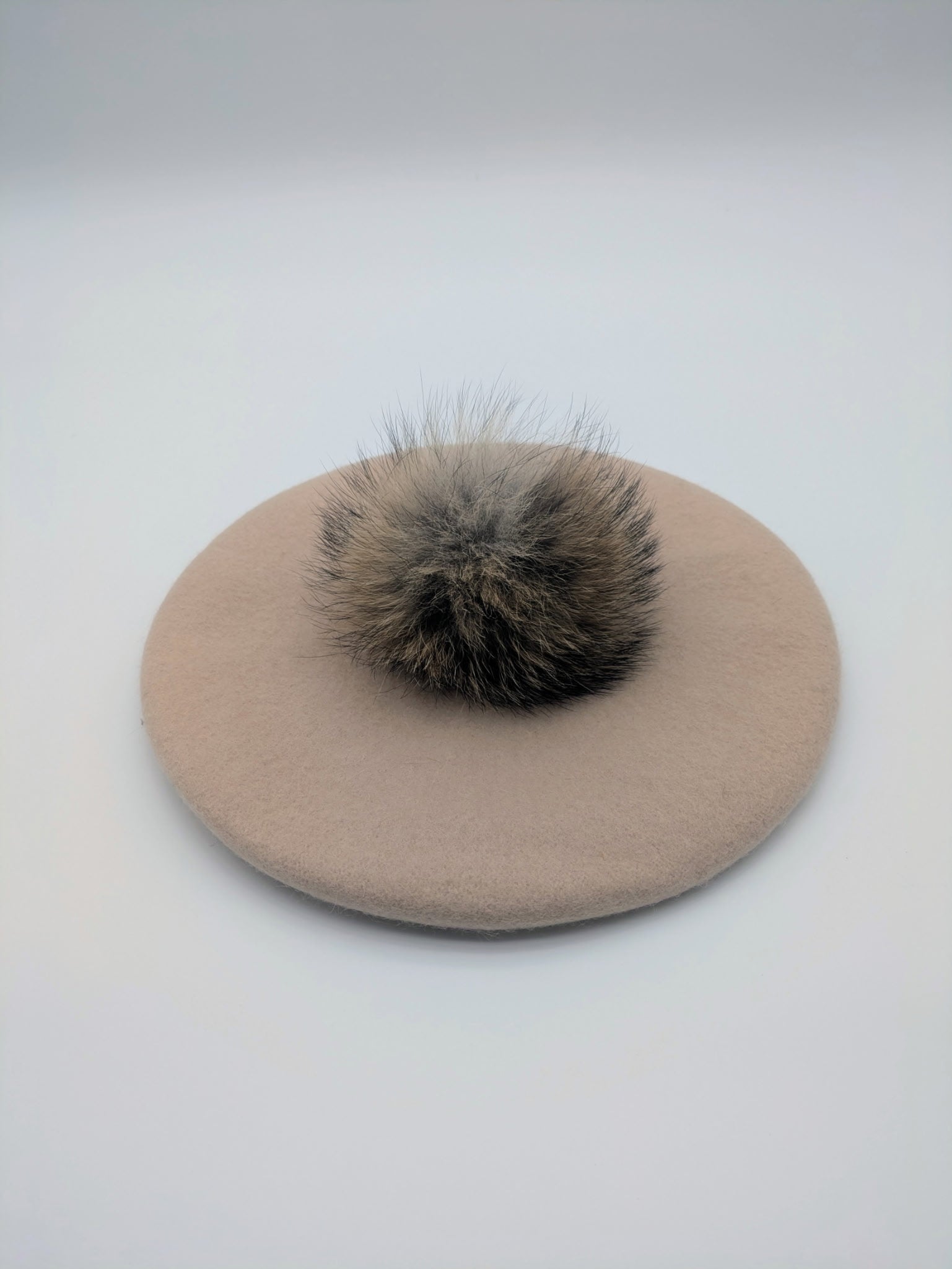 Wool Beret with Fur Pompom