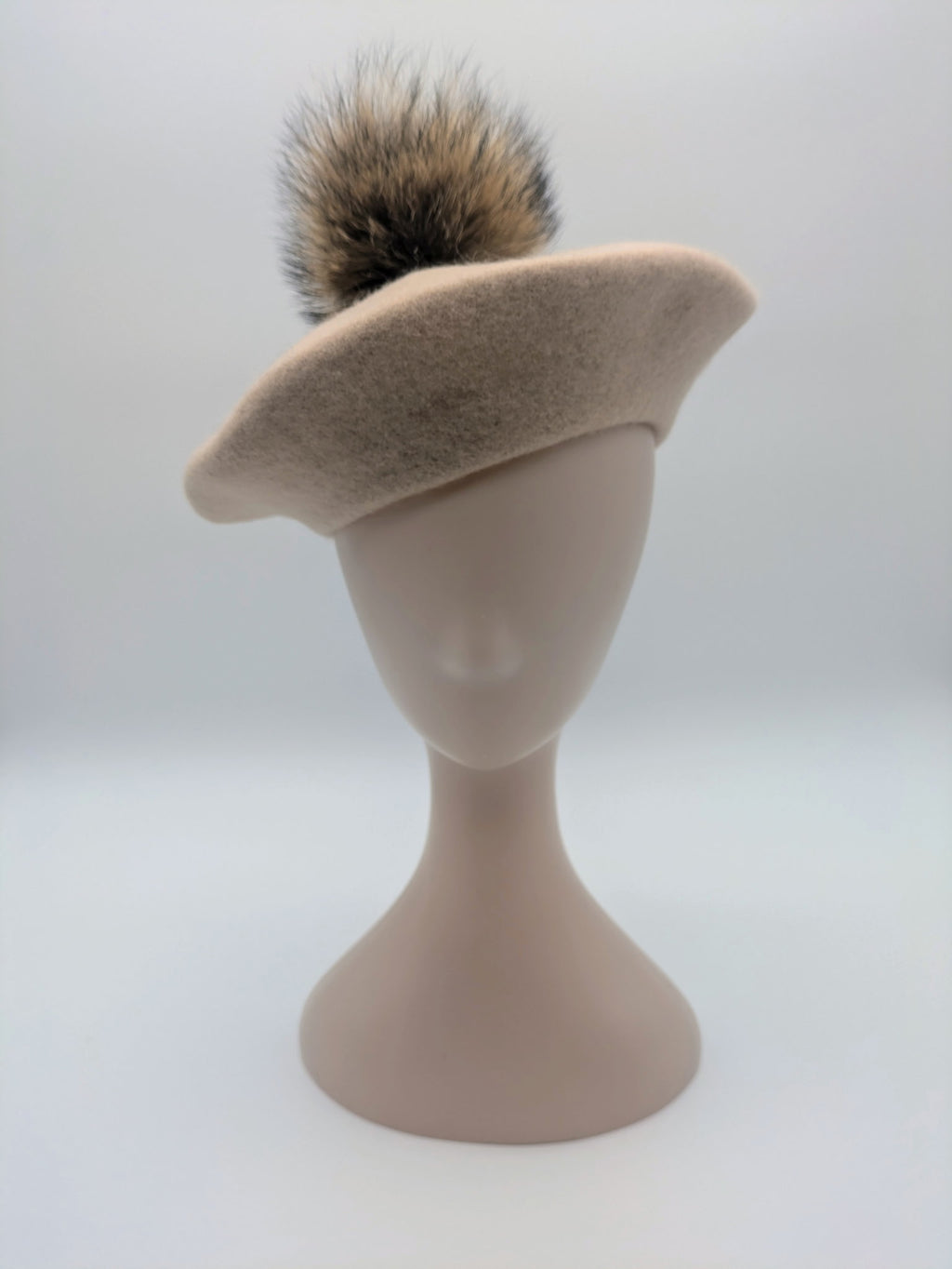 Wool Beret with Fur Pompom
