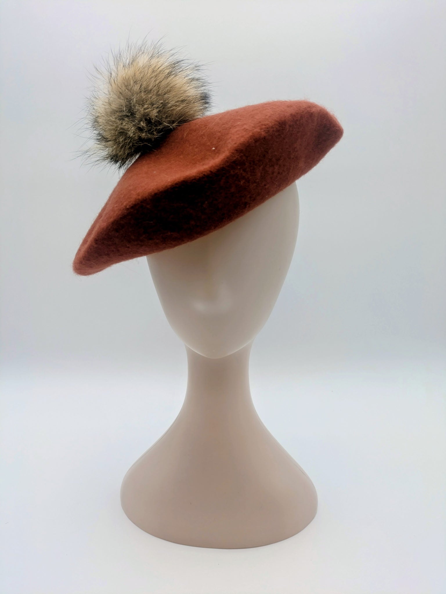 Wool Beret with Fur Pompom