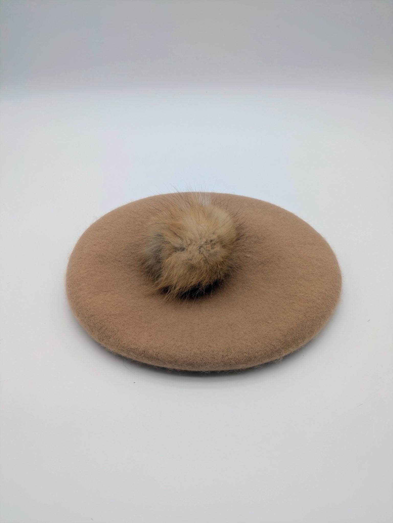 Wool Beret with Fur Pompom